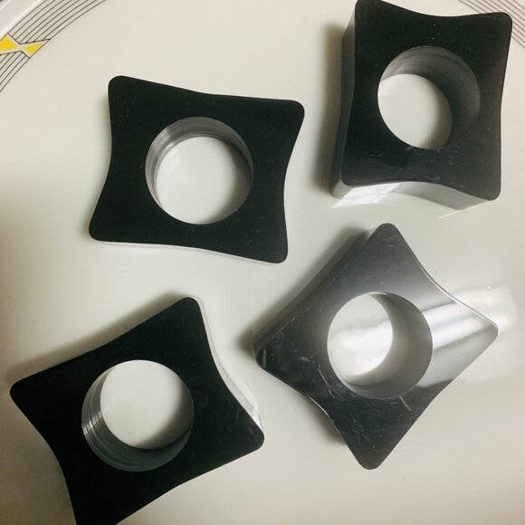 Vintage 80s Napkin Rings Chunky Black Lacquer Mod Set of 4 Four - Picture 6 of 7